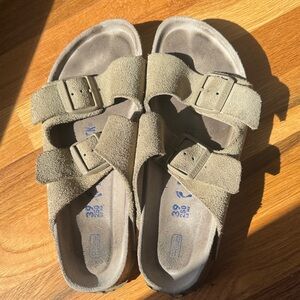 Birkenstock Suede Two-Strap Sandals in Taupe Stone Coin